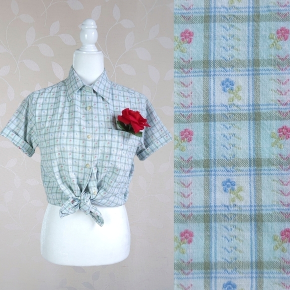 Vintage 90s Pastel Gingham Button Down Shirt Floral Plaid Cascade Small - Picture 1 of 15